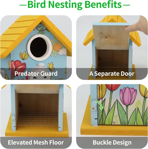 Miniatura 6 de Casas de madera para pájaros para exteriores, casa de pájaros de madera amarilla para exteriores, tulipanes pintados a mano, casas de pájaros