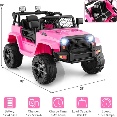 Miniatura 7 de HONEY JOY - Camión de paseo rosa con batería de 12 V con control remoto, suspensión de resorte, faros, música, parabrisas de malla, autos eléctricos