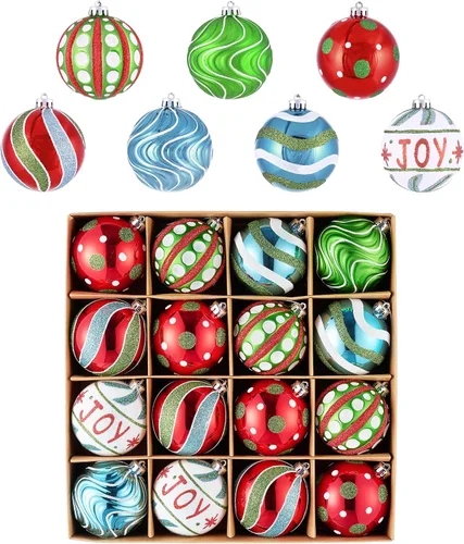 Valery Madelyn Juego de adornos de Navidad, 16 unidades, colores rojo, verde, azul, bolas decorativas irrompibles para árbol de Navidad, adornos a