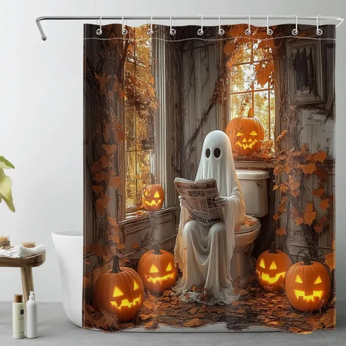 Miniatura 21 de LB Cortina de ducha de feliz Halloween para baño, flamenco rosa y calabaza naranja con sombrero mágico, cortina de ducha de tela con ganchos, juego