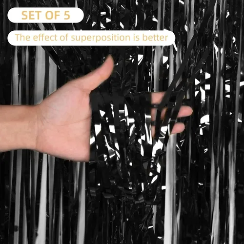 Miniatura 2 de Paquete de 5 cortinas de papel de aluminio negro de 3.2 x 9.8 pies, cortinas de oropel metálico con flecos, telón de fondo para cabina de fotos