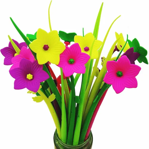 Bolígrafo de bola de gel de hoja de flor kawaii, lindo y colorido de moda, suministros escolares, artículos de papelería (6 unidades)