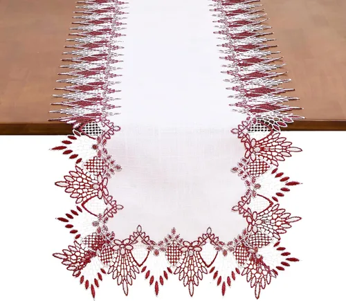 Miniatura 13 de Camino de mesa de lino de encaje rojo oscuro blanco de 36 pulgadas de largo, bufanda de aparador claret, decoración de mesa para Navidad, cocina