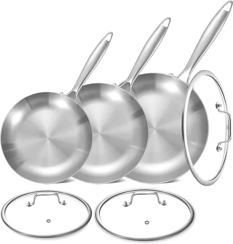 LOLYKITCH Set de sartenes de acero inoxidable tricapa de 8.5-10-12 pulgadas con tapas, sartenes, sartenes de inducción, aptas para lavavajillas y