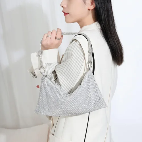 Miniatura 2 de Bolso de noche con diamantes de imitación, elegante y brillante para mujer, bolso de hobo brillante, bolso plateado brillante para boda, fiesta, club