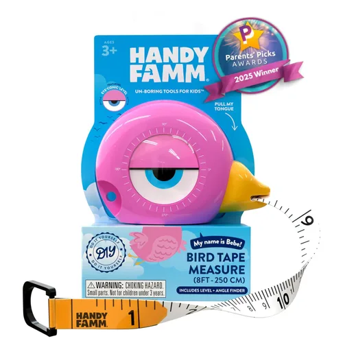 Miniatura 18 de Handy Famm Cinta métrica de pájaro azul de 8 pies para niños, herramienta educativa STEM con nivel, transportador, diseño retráctil, juguete