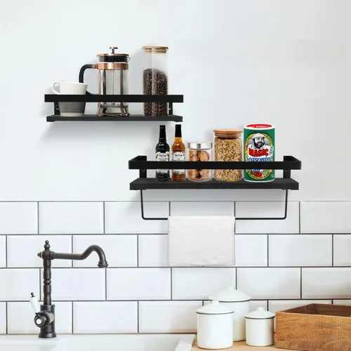 Miniatura 4 de Y&ME YM Estantes flotantes negros con toallero, juego de 2 estantes de baño para colgar en la pared, estantes decorativos flotantes de madera