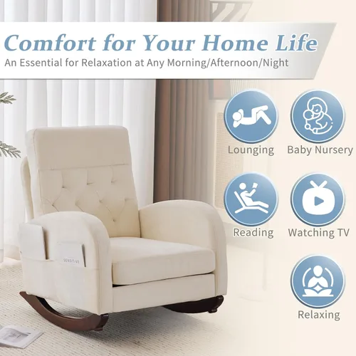 Miniatura 6 de VINGLI Mecedora de Asiento Bajo de Chenilla, Silla Planeadora Tapizada para Guardería con Bolsillos Laterales, Sillón Decorativo con Brazos