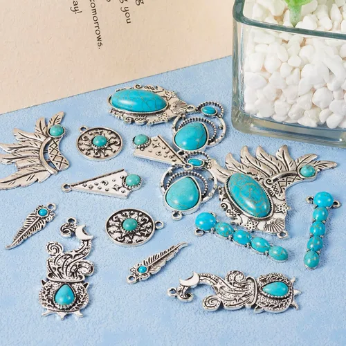 Miniatura 7 de 16 dijes occidentales de 8 estilos para hacer joyas, dijes vintage de turquesa de plata antigua, estilo tibetano, para mujeres y hombres, aretes