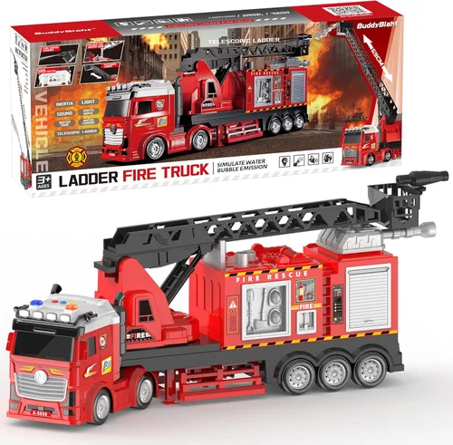 Camión de bomberos extra grande para niños, escalera extensible de 27 pulgadas, rotación de 180°, camiones de bomberos ligeros y con sonido para