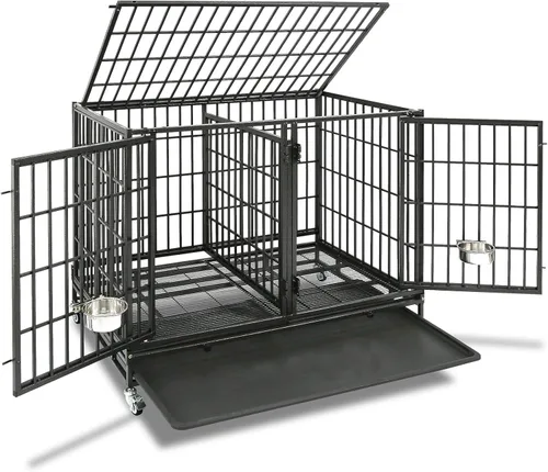Homey Pet Jaula Transportín Perrera Apilable para Perros de 43 Pulgadas para Interiores con Divisor, 2 Cuencos de Acero, 4 Ruedas con Bloqueo,