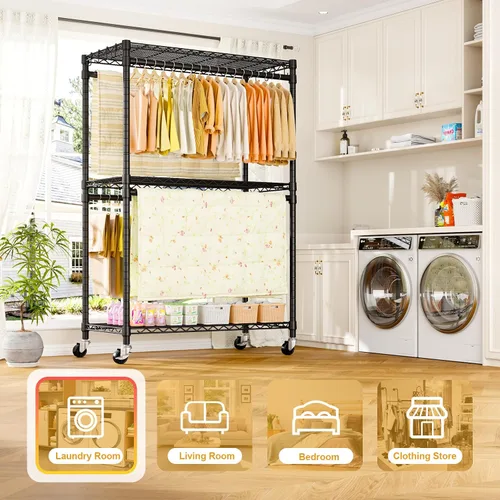 Miniatura 8 de ULIFHOME P5 Plus - Perchero resistente para colgar ropa, perchero de metal con ruedas, estante portátil de 3 niveles para armario de 45 pulgadas