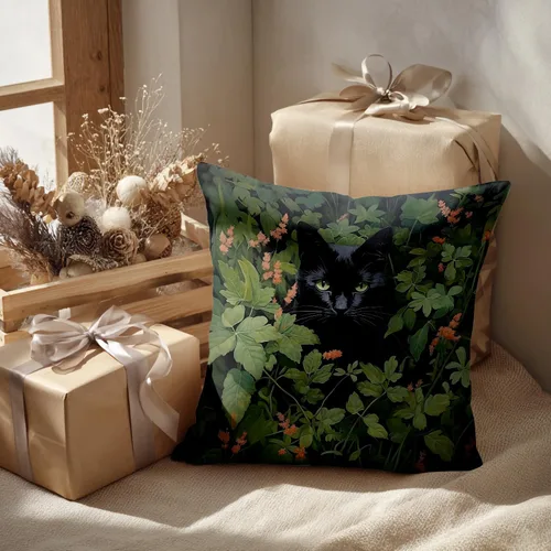 Miniatura 2 de Batmerry Black Cat Green Leaves Throw Pillow Covers, Cat Among Foliage Decorative Pillow Covers Digital Printing Blended Fabric for Couch Sofa Bed
