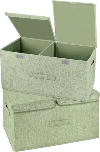 Paquete de 2 cajas de almacenamiento grandes con tapas y asas, contenedores organizadores plegables de lino, canastas con divisor extraíble para el