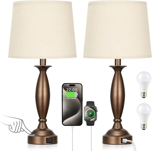 Miniatura 14 de Juego de 2 lámparas blancas para dormitorio, lámpara de noche de control táctil con USB C+A, lámparas de mesita de noche regulables de 3 vías