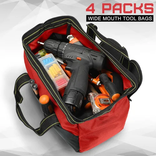 Miniatura 3 de Bolsa de Herramientas de 4 Piezas con Base Moldeada Fuerte Resistente al Agua, Múltiples Bolsillos, Bolsa de Herramientas de Boca Ancha Rojo