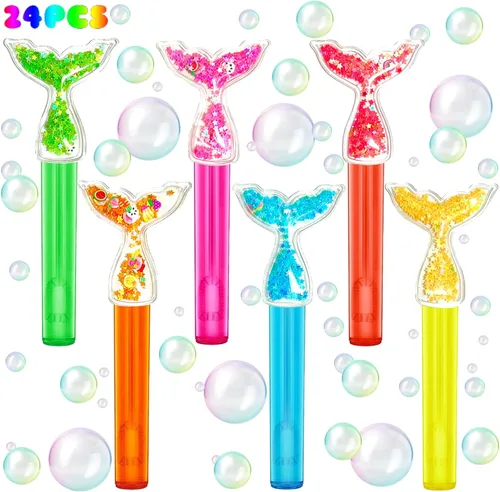 uoyoi Recuerdos de fiesta de sirena, 24 piezas de varitas de burbujas con cola de sirena brillante para suministros de fiesta de cumpleaños para