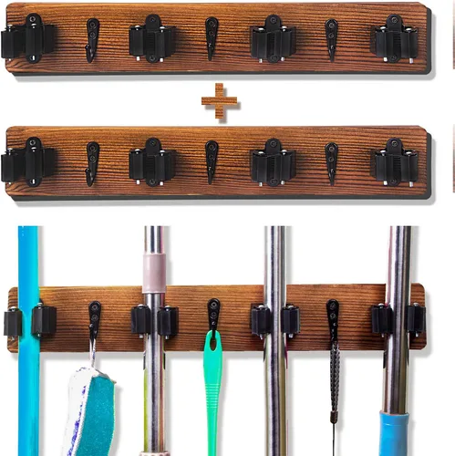 Paquete de 2 soportes para fregona y escoba de madera maciza, soporte de pared, 4 posiciones, 3 ganchos para el hogar, cocina, jardín, herramientas,