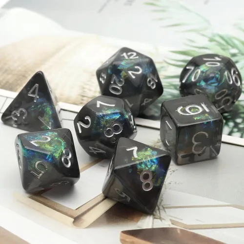 Miniatura 4 de Haxtec DND Conjunto de Dados 7 Piezas Conjunto de Dados de Resina Negro con Inclusión de Mylar Iridiscente Dados Poliédricos D&D