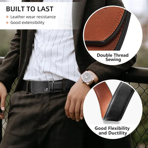 Miniatura 5 de Cinturón de trinquete para hombres,Cinturón de vestir de cuero genuino de 1 38 pulgadas con hebilla ajustable deslizante,Pantalones de hombre camisa