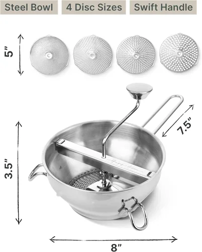 Miniatura 8 de Molinillo de Alimentos de Acero Inoxidable con 4 Discos Mejorado – Diseño Rotatorio Ergonómico para Salsa de Tomate, Puré de Manzana, Comida