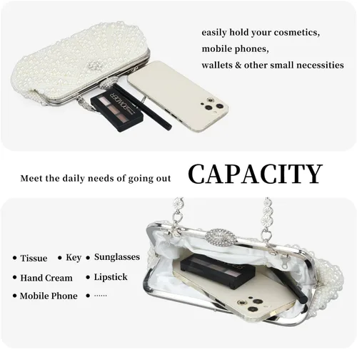 Miniatura 4 de Fecialy Bolsos de mano con perlas para mujer, bolsos de noche con cuentas de cristal y cadena de perlas