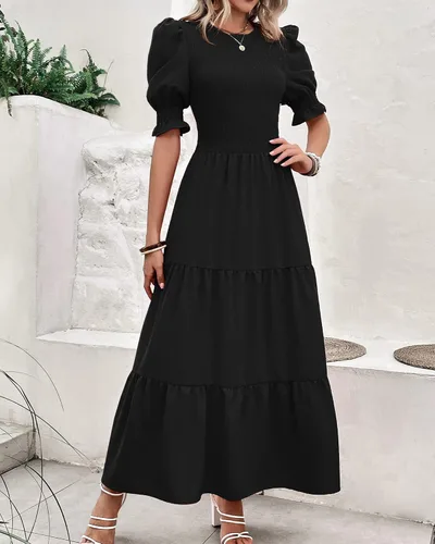 Miniatura 40 de BTFBM Vestidos para mujer, cuello redondo, casual, de verano, con volantes, manga corta, bohemio, con niveles, fruncido, largo, con estampado floral