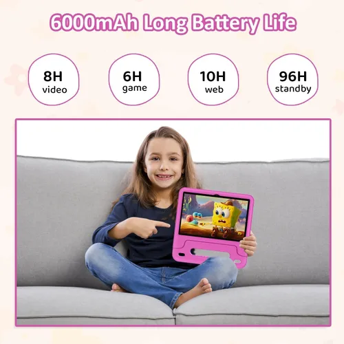 Miniatura 7 de WXUNJA Tablet Android 15 Kids 2025, tabletas actualizadas de 10.1 pulgadas con procesador Octa-Core, batería de 6000 mAh, espacio para niños, Rojo