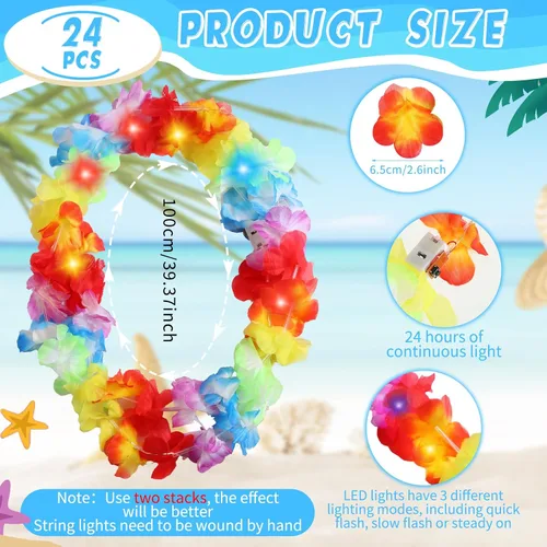 Miniatura 51 de Sherr 24 piezas de collares de flores de leis hawaianas con luces LED para boda, luces LED para leis hawaianas, collares de flores de leis hawaianas