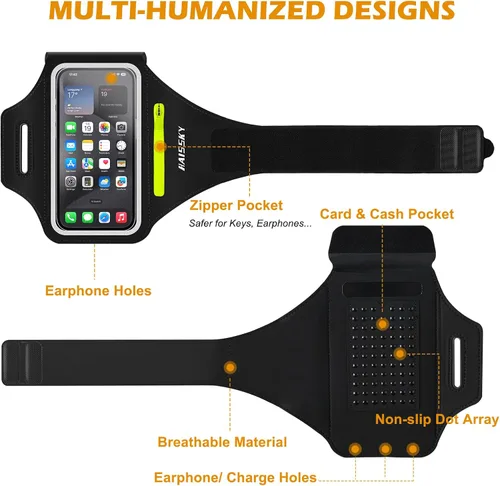 Miniatura 6 de Brazalete deportivo para teléfono móvil con bolsillo para auriculares. Para iPhone 16 15 Pro 14 Plus 13 11 XR XS, y Samsung Galaxy S24/S10. Negro