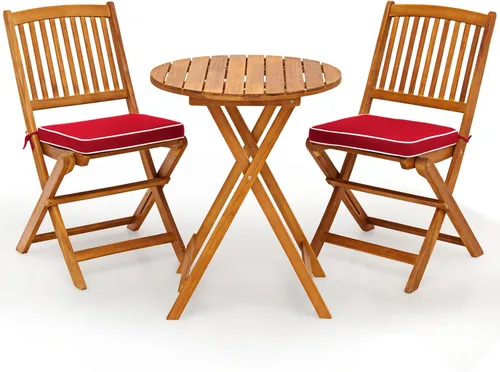 Miniatura 11 de HAPPYGRILL Juego de mesa y silla de 3 piezas con cojines plegables de madera y mesa auxiliar para balcón, jardín, patio trasero Blanco