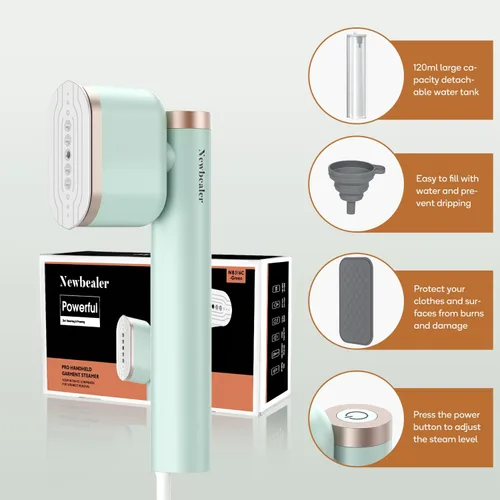 Miniatura 9 de Vaporizador Newbealer para ropa, plancha de vapor portátil de 1200W, 2 niveles de vapor, vapor horizontal y vertical, planchado en seco