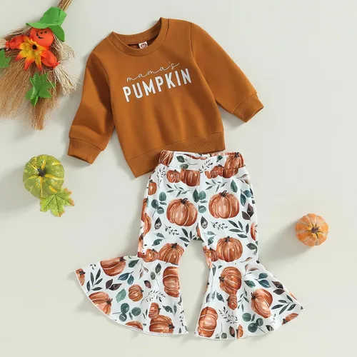 Miniatura 2 de Hnyenmcko Conjunto de ropa de Halloween para bebé niña, camiseta de manga larga con letras y pantalones de campana de calabaza con diadema, 3