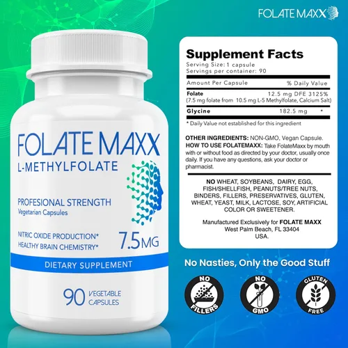 Miniatura 4 de L Metilfolato 7.5mg - Suplemento de metilfolato para mujeres y hombres - Vitamina metilada de alta potencia B9 5-MTHF para energía, estado de ánimo