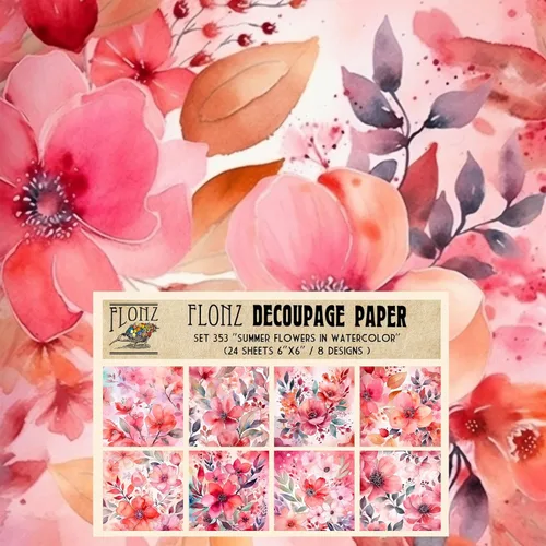 Decoupage - Paquete de papel (24 hojas de 6 x 6 pulgadas), flores de verano en acuarela, papel de patrón estilo vintage para decoupage, manualidades