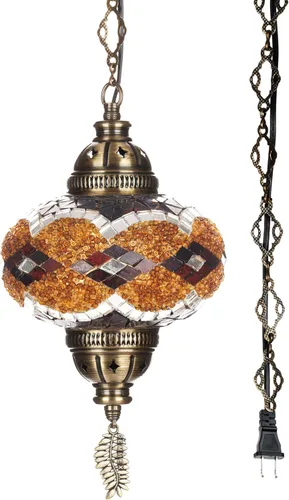 DEMMEX Lámpara Colgante de Techo Enchufable de Mosaico Turco Marroquí – Luminaria Tipo Swag con Cable de 15 pies y Cadena, Vidrio Artesanal, Estilo