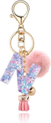 Llavero de resina con letra inicial del alfabeto para mujer, bolso de mano, con pompón de bola de piel