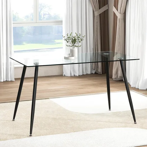 Moccha - Mesa de comedor de cristal de 51 pulgadas, mesa rectangular moderna con amplia mesa de vidrio templado y patas de metal negro, almohadillas