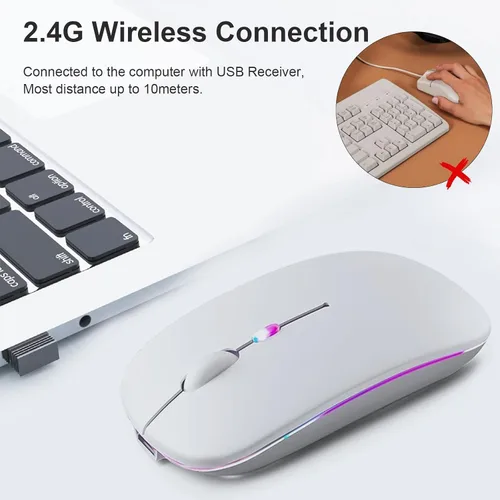 Miniatura 5 de Ratón inalámbrico recargable, mouse inalámbrico LED Bluetooth para iPad, mouse de computadora portátil delgado con receptor USB, conexión dual BT5.4