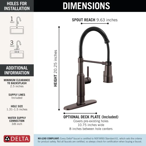 Miniatura 3 de Grifo de Cocina Comercial Estilo Profesional Delta Theodora Pro con Rociador Desplegable, Grifo de Fregadero de Cocina de Bronce Aceitado de Un Solo