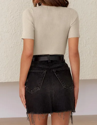 Miniatura 4 de ZESICA Camiseta de manga corta con cuello redondo y punto acanalado para mujer, ajustada, camiseta básica de verano 2023 de color sólido