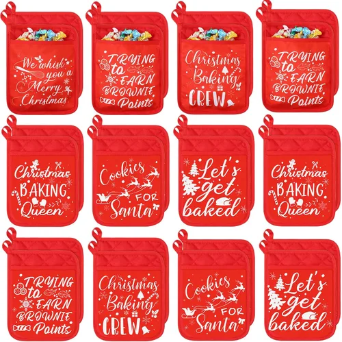WILLBOND Juego de 24 soportes para ollas de Navidad con bolsillos - Guantes de horno rojos divertidos y resistentes al calor para hornear y cocinar