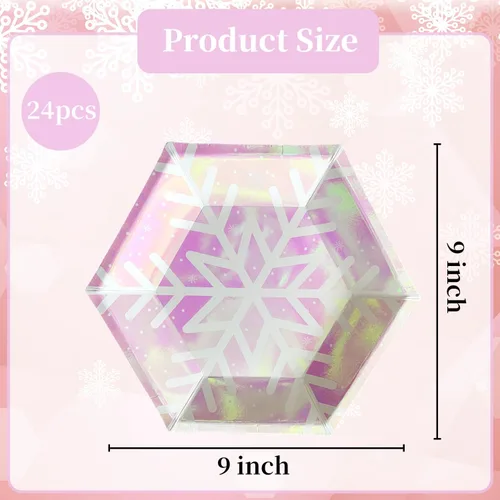 Miniatura 2 de Platos de Navidad con copos de nieve, platos desechables de papel rosa iridiscente con purpurina hexagonal temática de nieve, suministros de fiesta