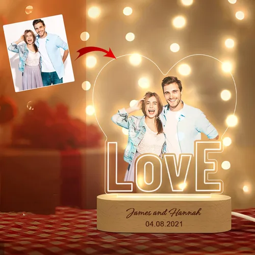 Miniatura 8 de Luz nocturna de acrílico con foto personalizada y nombre, regalo para el día de la madre, lámpara de noche 3D con base de madera personalizada