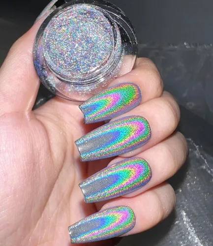 Miniatura 3 de Esmalte de uñas holográfico rosa cromado aurora, camaleón, arco iris, cromado, plata, cromado, brillantina, arte de uñas con lentejuelas brillantes