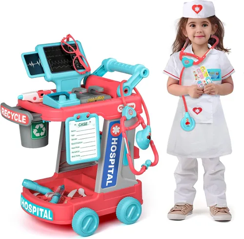 Miniatura 10 de Liberry - Kit de médico para niños pequeños de 3, 4 y 5 años, juego de médico con carrito, disfraz y estetoscopio, juego de rol, juguetes médicos