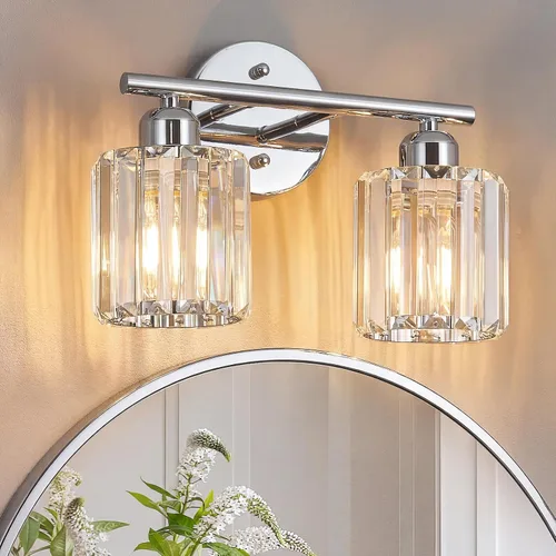 Miniatura 8 de Moderna lámpara de tocador de cristal de 2 luces, lámpara vertical de baño de níquel cepillado sobre espejo para tocador y lavabo, compatible