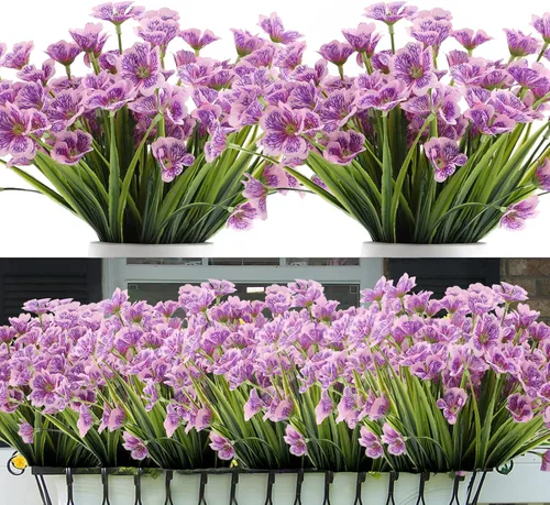Flores artificiales para decoración de primavera al aire libre, 10 paquetes realistas de seda falsa para exteriores, resistentes a los rayos UV,