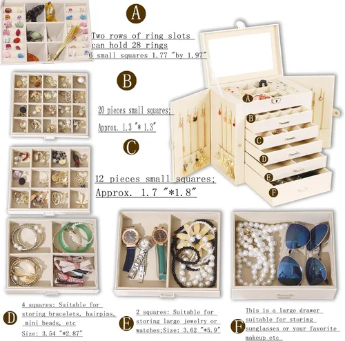 Miniatura 3 de BOOVO Joyero para mujer, organizador de joyas grande de 6 capas con espejo, caja de almacenamiento multifunción con cerradura, soporte de accesorios