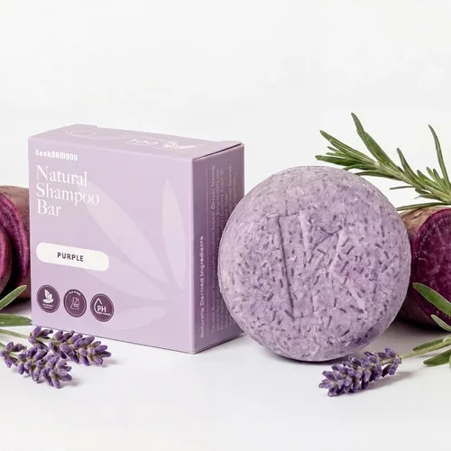 Seek Bamboo - Barra de champú púrpura para cabello rubio, plateado y gris - Champú sólido tonificante de latón para cabello teñido - Barra ecológica